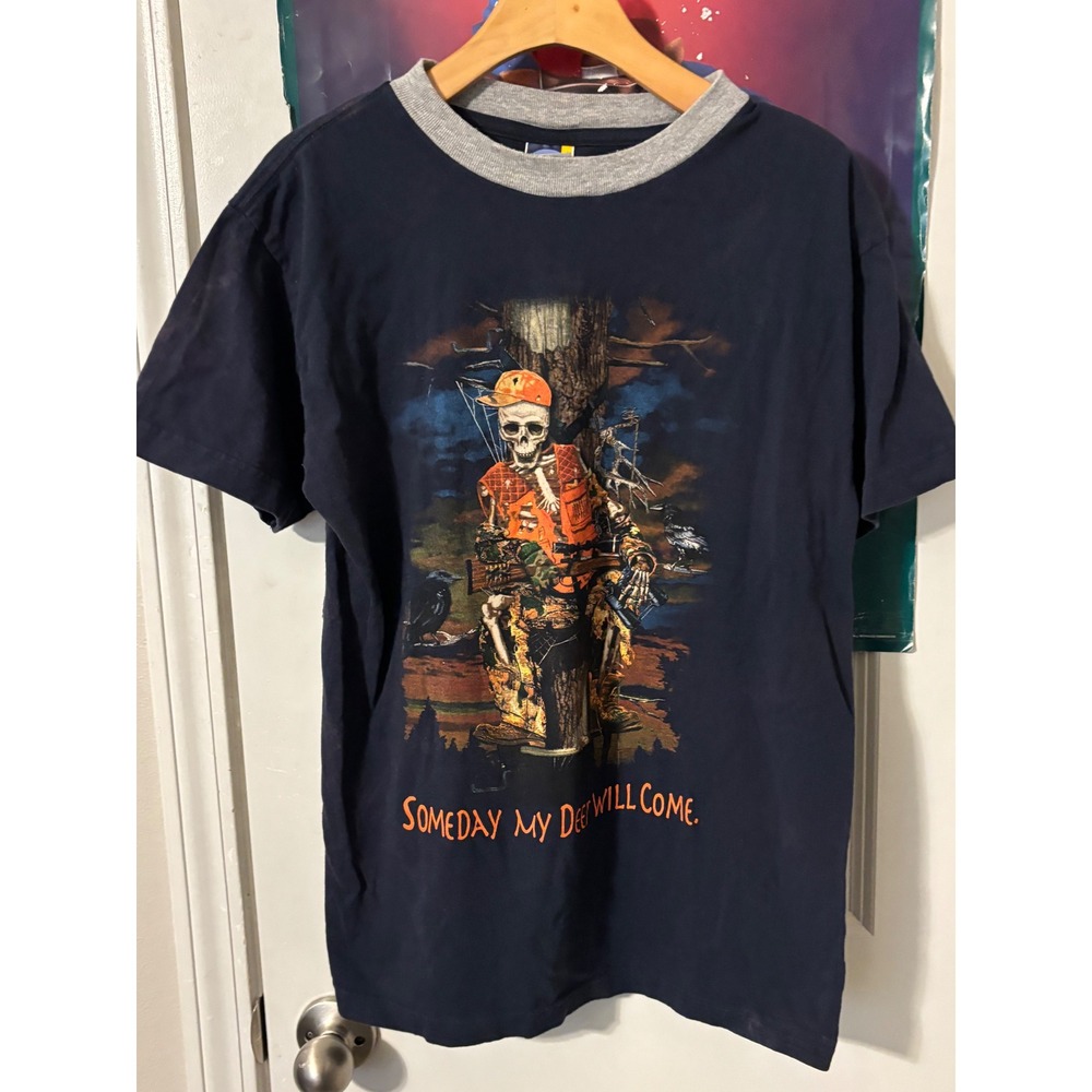 GI Apparel vintage Someday My Deer Will Come Skeleton Hunting Ringer T-Shirt  M